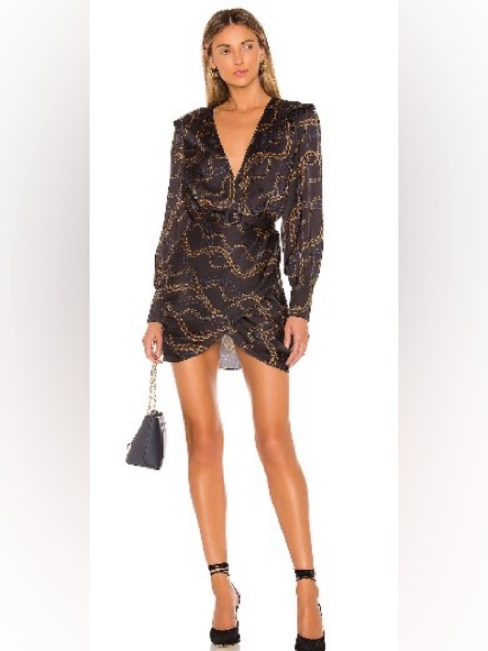 L’Academie Chain-Print Black Long-Sleeve Mini Dress
